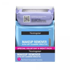 Neutrogena Day & Night Wipes, Makeup Remover Face Cleansing Towelettes & Night Calming Facial Cloths, 100% Plant Based Fibers Wipe Away Dirt, Alcohol-Free, 3 Packs Of 25 Ct, 75 Ct