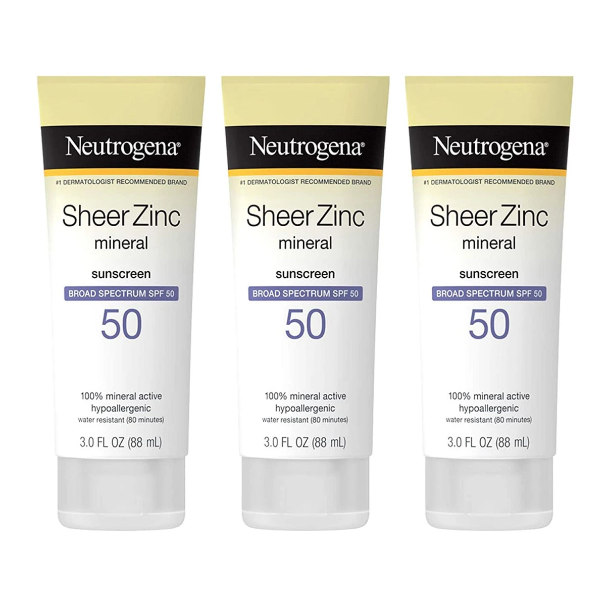 Neutrogena Sheer Zinc Oxide Dry-Touch Sunscreen Lotion With Broad Spectrum SPF 50 UVA/UVB Protection, Water-Resistant, Hypoallergenic And Non-Greasy Mineral Sunscreen, Paraben-Free, 3 Fl. Oz (Pack Of 3) 3 Neutrogena Sheer Zinc Oxide Dry-Touch Sunscreen Lotion With Broad Spectrum SPF 50 UVA/UVB Protection, Water-Resistant, Hypoallergenic And Non-Greasy Mineral Sunscreen, Paraben-Free, 3 Fl. Oz (Pack Of 3)